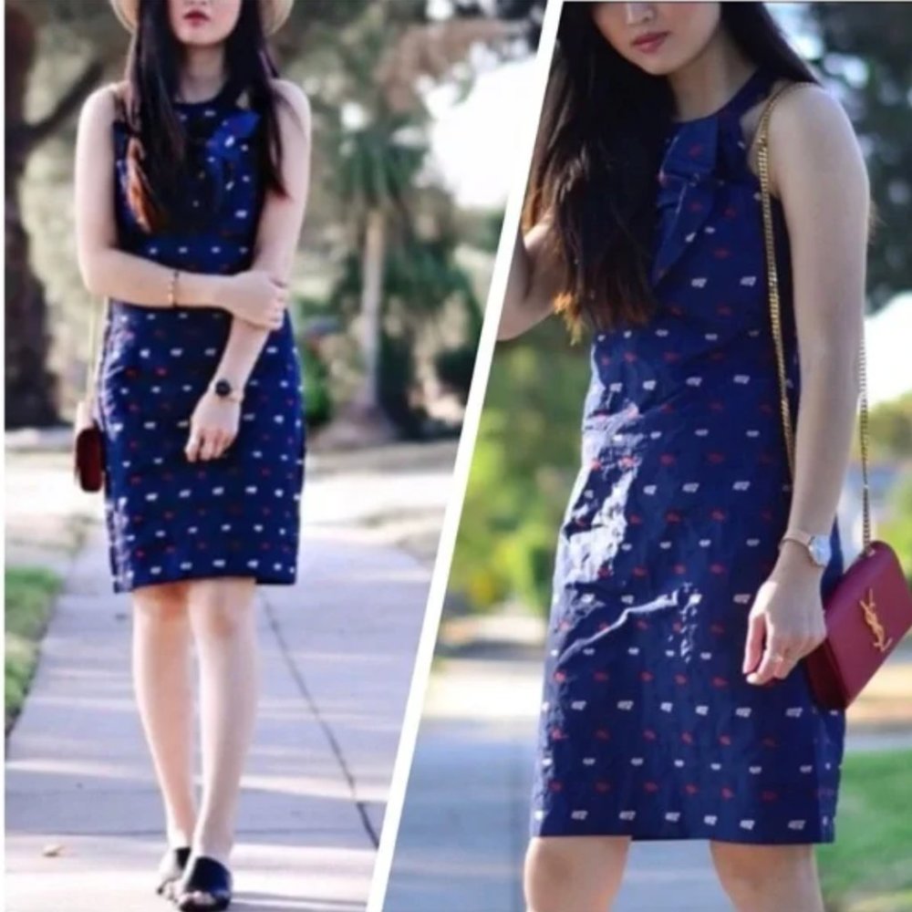 Banana Republic Navy Blue Taffeta Pleated Bow Front Halter Shift Dress in Navy